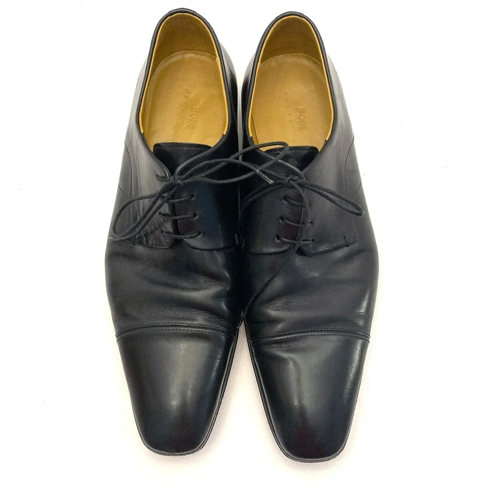Boss Hugo Boss Black Leather Dress Shoes Cap Toe Mens 8.5 Made Italy Lace Up